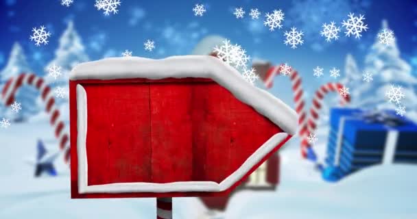 Digitale Animatie Van Sneeuwvlokken Vallen Rood Houten Wegwijzer Tegen Kerst — Stockvideo