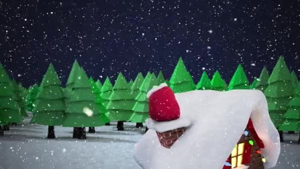 Animace Zimní Scenérie Padajícím Sněhem Osvětlený Dům Pokrytý Sněhem Santův — Stock video