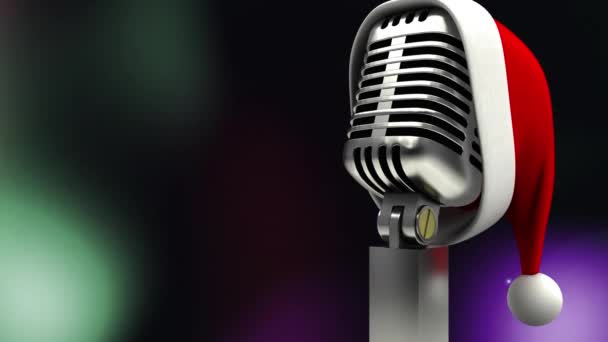 Цифрова Анімація Капелюха Санти Мікрофоні Проти Барвистих Плям Світла Фіолетовому — стокове відео