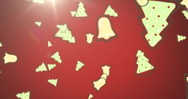Анимация Рождественских Колокольных Украшений Падающих Ярким Светом Красный Фон Концепция — стоковое видео