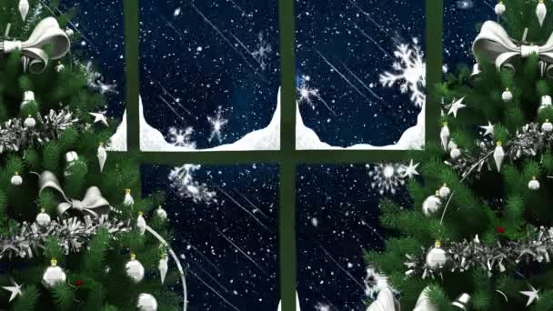 Digitale Animation Von Zwei Weihnachtsbäumen Und Fensterrahmen Gegen Schneeflocken Die — Stockvideo