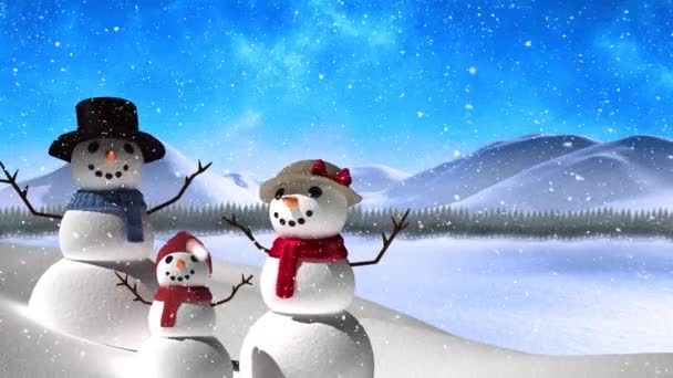 Digitale Animatie Van Sneeuw Vallen Tegen Sneeuwpop Familie Het Winterlandschap — Stockvideo