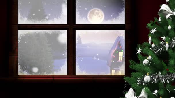 冬の風景の家や木の上に降る雪のデジタルアニメーションや 夜空の月に対する反逆者によって引っ張らそりでサンタクラスの黒いシルエット クリスマスお祝いの伝統的なコンセプト — ストック動画