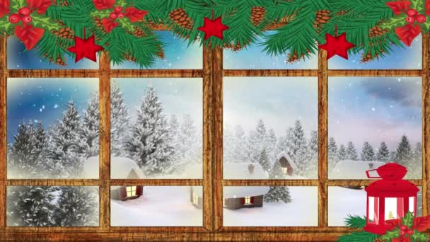 Animation Von Weihnachtsdekoration Und Winterlandschaft Durch Fenster Gesehen Konzept Zur — Stockvideo