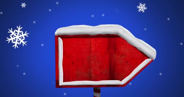 Цифровая Анимация Снежных Хлопьев Падающих Красный Деревянный Знак Столб Синем — стоковое видео