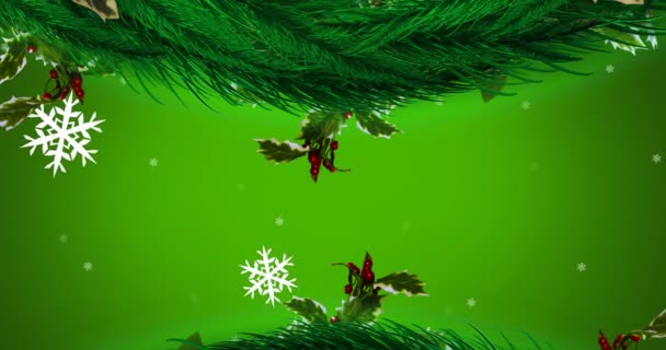 Digitální Animace Vánoční Věnec Dekorace Sněhové Vločky Pohybující Zeleném Pozadí — Stock video