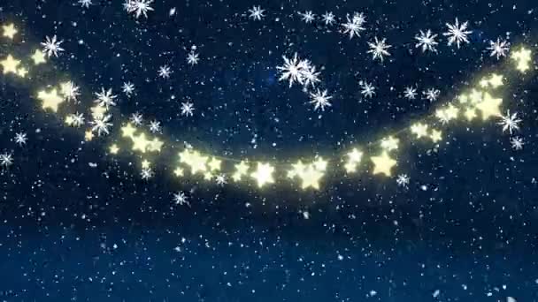 Animación Digital Copos Nieve Cayendo Sobre Brillantes Luces Hadas Sobre — Vídeo de stock