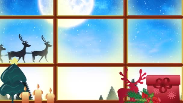 Cyfrowa Animacja Ramy Okna Przed Śniegiem Spadającym Czarną Sylwetkę Świętego — Wideo stockowe