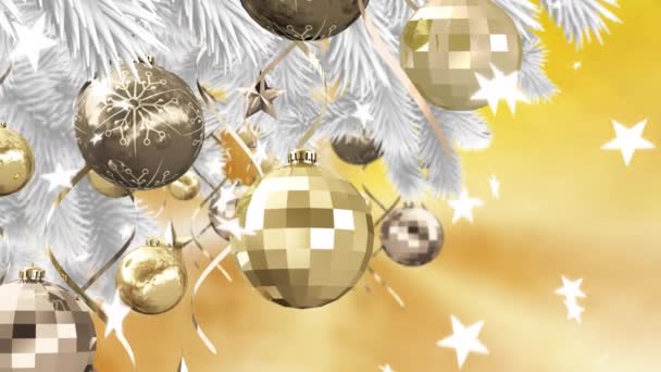 Digitální Animace Vánoční Cetky Hvězdné Dekorace Visící Vánočním Stromečku Proti — Stock video