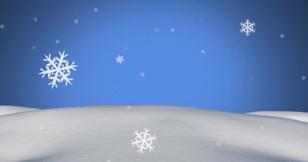 Kar Tanelerinin Dijital Animasyonu Kar Üzerinde Mavi Arka Planda Hareket — Stok video