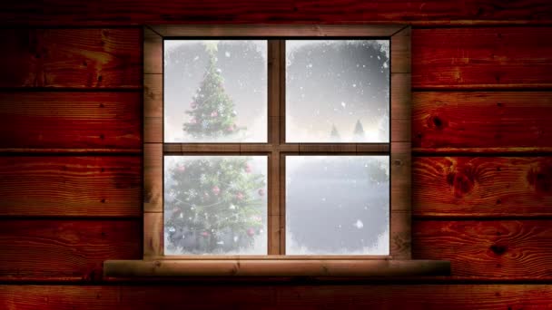 Цифрова Анімація Дерев Яної Віконної Рами Проти Снігу Падає Над — стокове відео