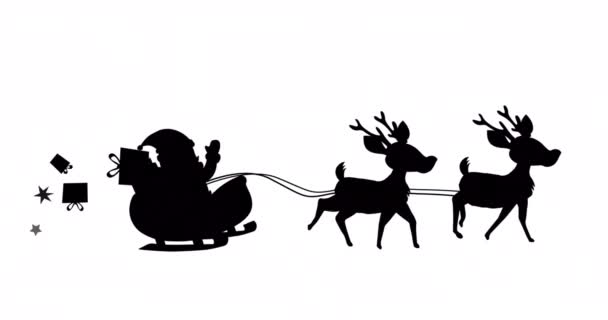 白い背景を背景に リインダーによって引き抜かれていく雪の中で サンタクラスの黒いシルエットとクリスマスプレゼントボックスのデジタルアニメーション クリスマスお祝いの伝統的なコンセプト — ストック動画