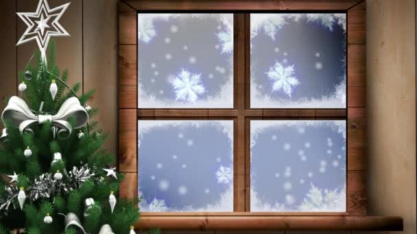 Digitální Animace Vánočního Stromku Dřevěného Okenního Rámu Proti Sněhovým Vločkám — Stock video