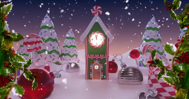 Animación Digital Nieve Cayendo Contra Árboles Cubiertos Nieve Adornos Navidad — Vídeos de Stock