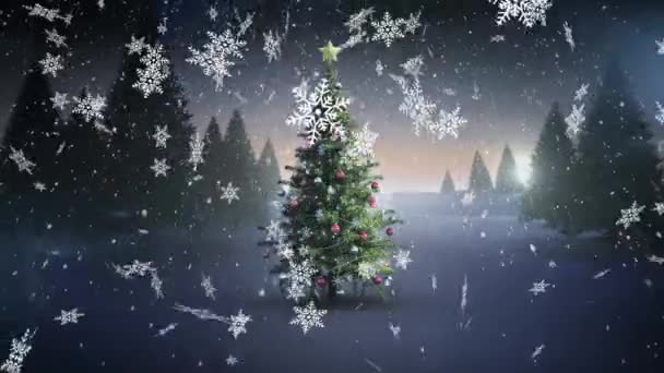 Animatie Van Kerstboom Winterlandschap Sneeuw Vallen Kerstfeest Viering Concept Digitaal — Stockvideo