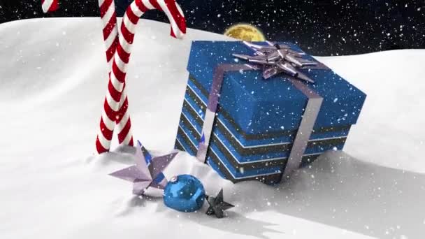 Ψηφιακό Animation Του Χιονιού Που Πέφτει Πάνω Από Χριστουγεννιάτικο Κουτί — Αρχείο Βίντεο