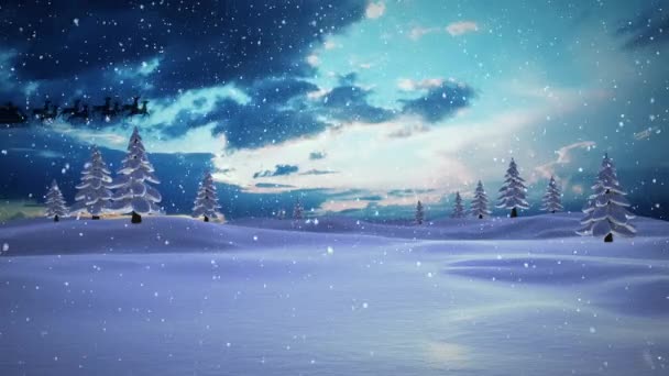 Цифровая Анимация Падающего Над Деревьями Снега Зимнем Ландшафте Черного Силуэта — стоковое видео