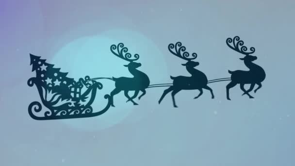 Анимация Силуэта Рождественской Елки Санях Тянущейся Северными Оленями Падающим Синий — стоковое видео