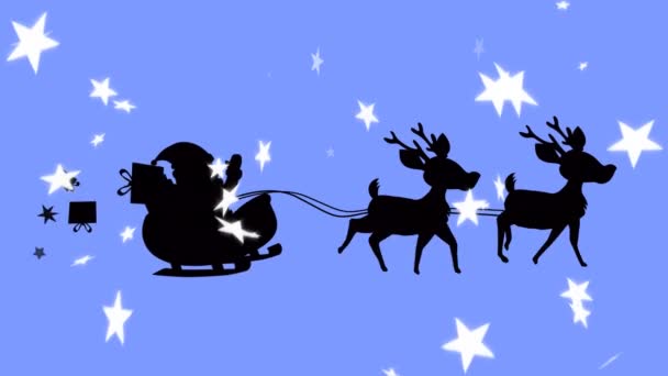 Animacja Czarnej Sylwetki Świętego Mikołaja Saniach Ciągnięta Przez Renifery Gwiazdami — Wideo stockowe