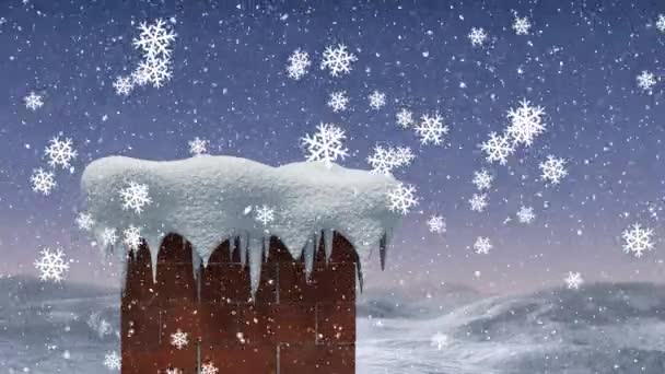 冬の風景にレンガの壁に落ちる雪のデジタルアニメーション クリスマスお祝いの伝統的なコンセプト — ストック動画