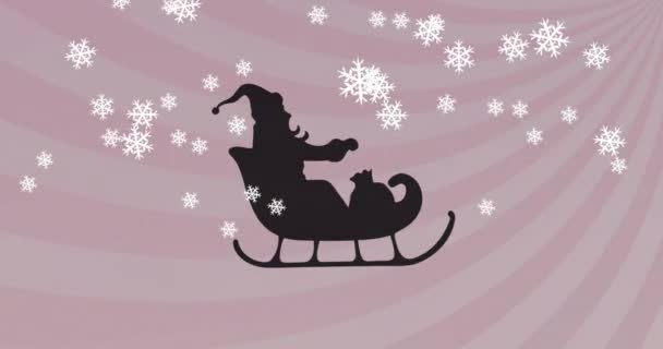 Анимация Черного Силуэта Санта Клауса Санях Падающим Снегом Фиолетовыми Полосками — стоковое видео
