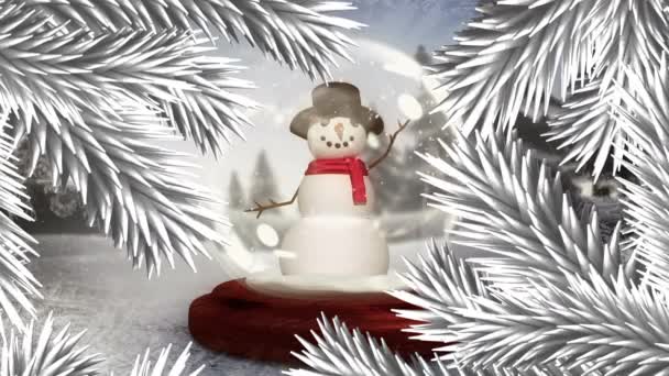 Анимация Рождественского Снежного Шара Снеговиком Над Зимними Пейзажами Ветвями Белых — стоковое видео