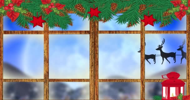 Animation Numérique Noël Décoration Cadre Fenêtre Bois Contre Silhouette Noire — Video
