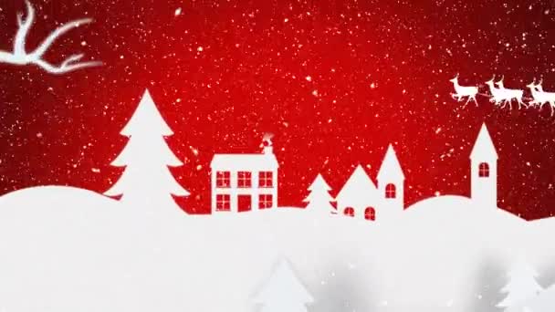 Animación Digital Nieve Cayendo Sobre Paisaje Invernal Silueta Negra Santa — Vídeos de Stock