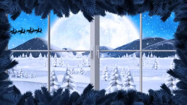 雪に対する窓枠のデジタルアニメーションは 夜空に月に対する反逆者によって引っ張らされているそりでサンタクラスの黒いシルエットに落ちています クリスマスお祝いの伝統的なコンセプト — ストック動画
