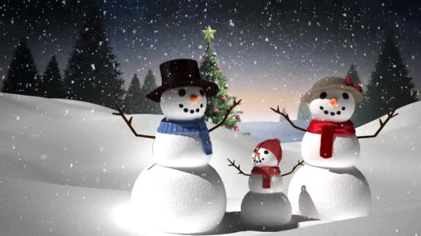 Animatie Van Het Winterlandschap Met Drie Vrolijke Sneeuwpoppen Sneeuwval Kerstboom — Stockvideo