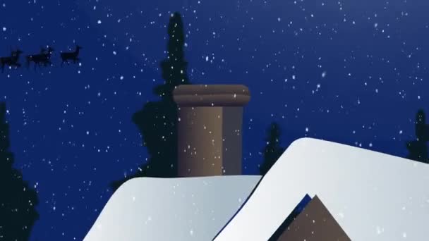 冬季风景上降雪的数字动画和雪橇上圣爪的黑色轮廓被驯鹿拉在夜空中的月亮上 圣诞节庆祝活动的传统概念 — 图库视频影像