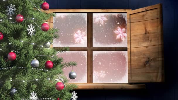 Цифрова Анімація Різдвяної Ялинки Дерев Яної Віконної Рами Проти Сніжинок — стокове відео