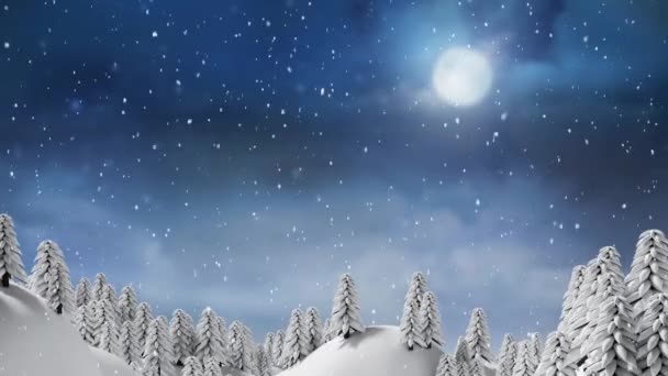 Animación Digital Nieve Cayendo Sobre Paisaje Invernal Contra Luna Cielo — Vídeos de Stock