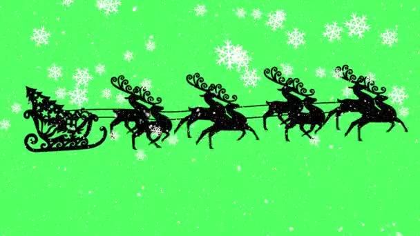 Animace Siluety Vánočního Stromku Saních Tažené Soby Sněhem Padajícím Zelené — Stock video