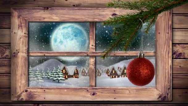 Цифрова Анімація Різдвяних Прикрас Звисають Дереві Дерев Яній Віконній Рамі — стокове відео