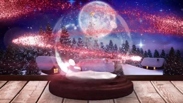 Digitale Animatie Van Vallende Sterren Draaiend Rond Kerstboom Sneeuwbol Houten — Stockvideo