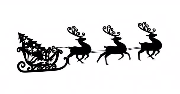 白い背景に反射者によって引っ張られてそりでクリスマスツリーの黒いシルエットのデジタルアニメーション クリスマスお祝いの伝統的なコンセプト — ストック動画