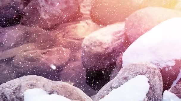 Cyfrowa Animacja Punktów Światła Przed Spadającym Śniegiem Nad Skałami Zimowym — Wideo stockowe