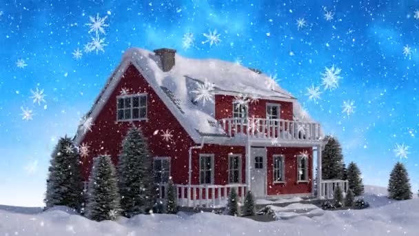 Digitale Animatie Van Sneeuwvlokken Die Vallen Tegen Huis Het Winterlandschap — Stockvideo
