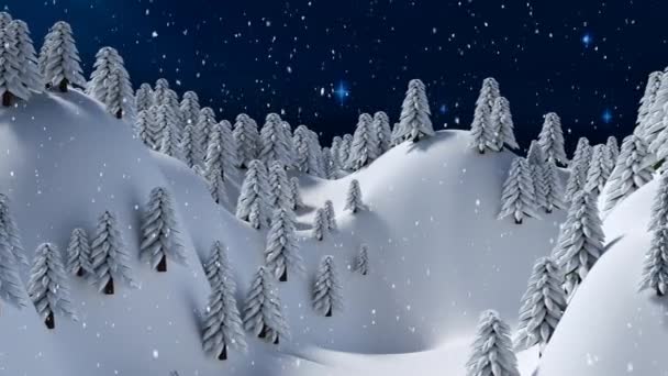 Cyfrowa Animacja Śniegu Spadającego Nad Zimowym Krajobrazem Przeciwko Gwiazdom Świecącym — Wideo stockowe