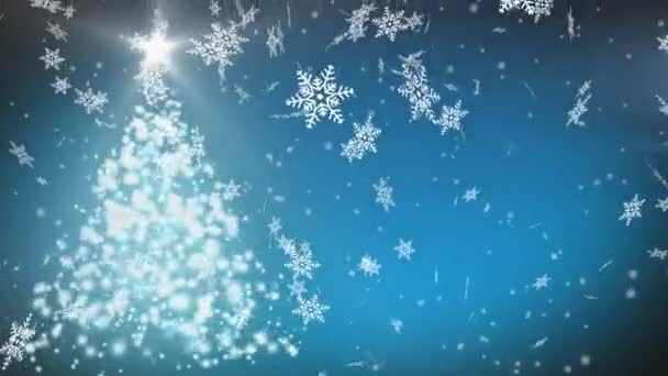 Cyfrowa Animacja Płatków Śniegu Spadających Choinkę Niebieskim Tle Koncepcja Świątecznej — Wideo stockowe