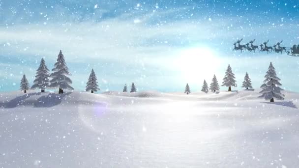 Digitální Animace Sněhu Padajícího Stromy Zimní Krajině Černá Silueta Santa — Stock video