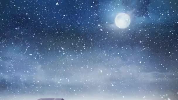 Cyfrowa Animacja Śniegu Spadającego Nad Domem Zimowym Krajobrazie Przeciwko Księżycowi — Wideo stockowe