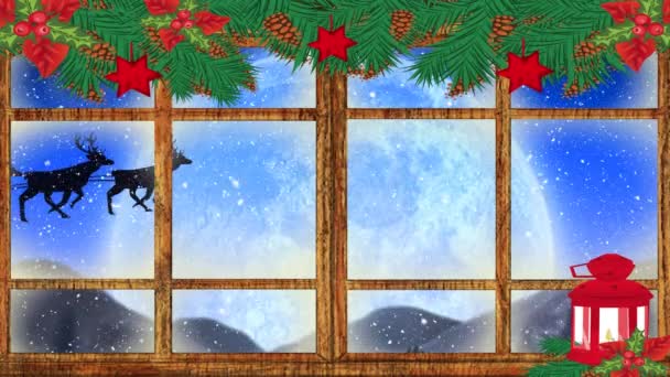 雪の中でサンタクラスの黒いシルエットに対して木製の窓の上にクリスマスの装飾のデジタルアニメーションは夜空に月に対してReindersによって引っ張ら — ストック動画