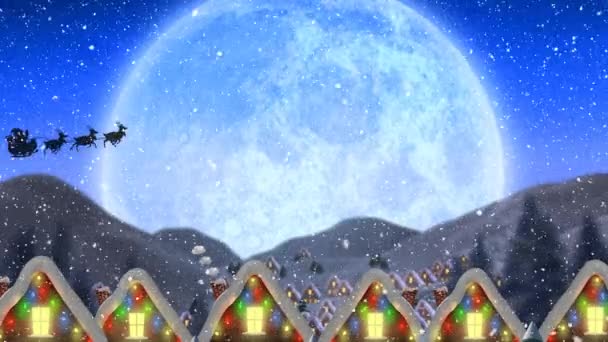 Animación Digital Nieve Cayendo Sobre Paisaje Invernal Silueta Negra Santa — Vídeos de Stock