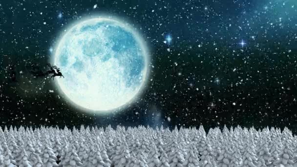Цифровая Анимация Снега Падающего Над Черным Силуэтом Санта Клауса Санях — стоковое видео