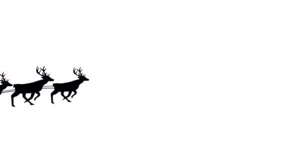 Animation Black Silhouette Santa Claus Sleigh Being Pulled Reindeer White — Stock Video