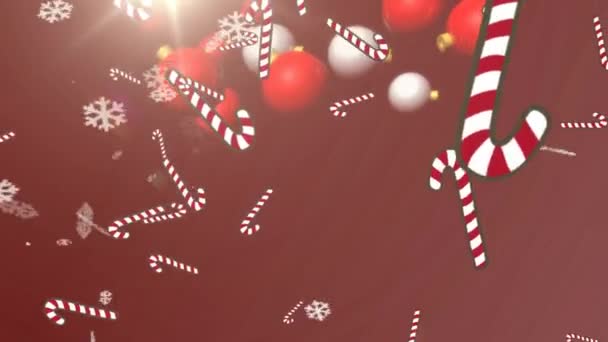 Cyfrowa Animacja Wielu Bombki Bożego Narodzenia Laski Cukierków Spada Jasną — Wideo stockowe