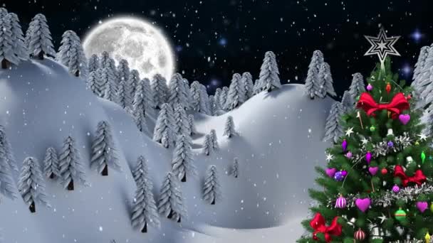 Cyfrowa Animacja Śniegu Spadającego Nad Choinką Zimowym Krajobrazie Przeciwko Księżycowi — Wideo stockowe