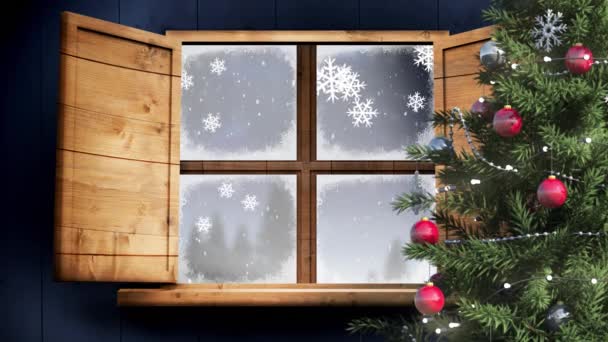 Digitale Animatie Van Kerstboom Houten Raamkozijn Tegen Sneeuwvlokken Die Het — Stockvideo